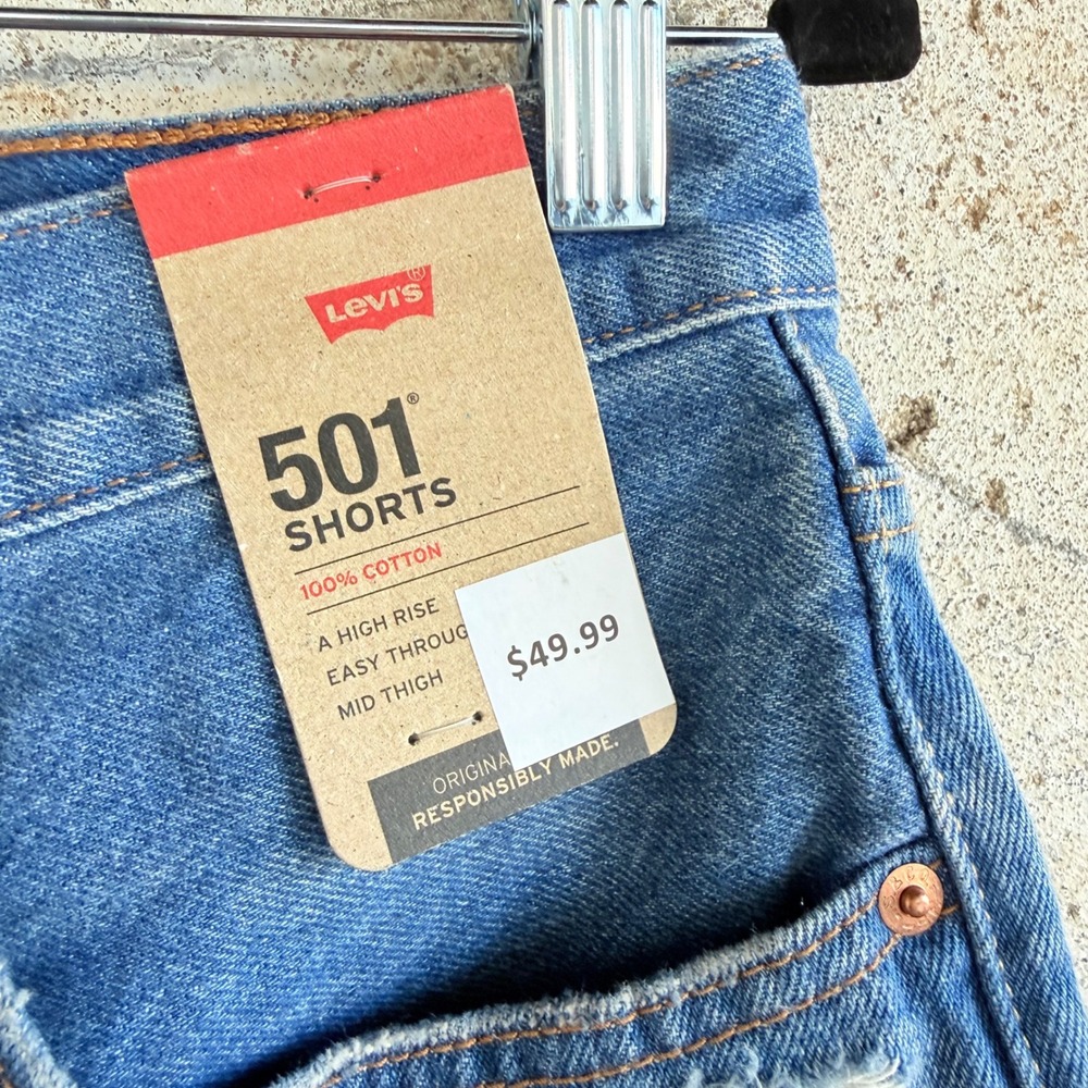 Levis 501 Jean Shorts High Rise Distressed Medium Wash Blue W30 NWT Classic - Picture 3 of 9